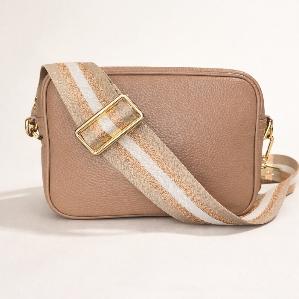 Elie Beaumont Taupe Leather Crossbody | Metallic Rose Gold EB Strap | Like New